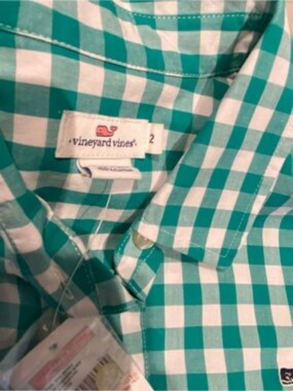 Vineyard Vines Green and White Gingham Button-Up Top, size 2, NWT - Picture 3 of 9